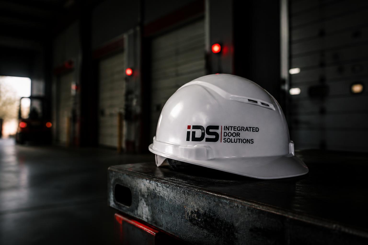 White hard hat with Integrated Door Solutions logo in an industrial warehouse setting
